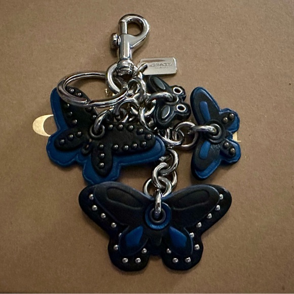 Coach Black & Blue Leather Studded Butterfly Cluster Keychain Fob Bag Charm - Picture 3 of 6